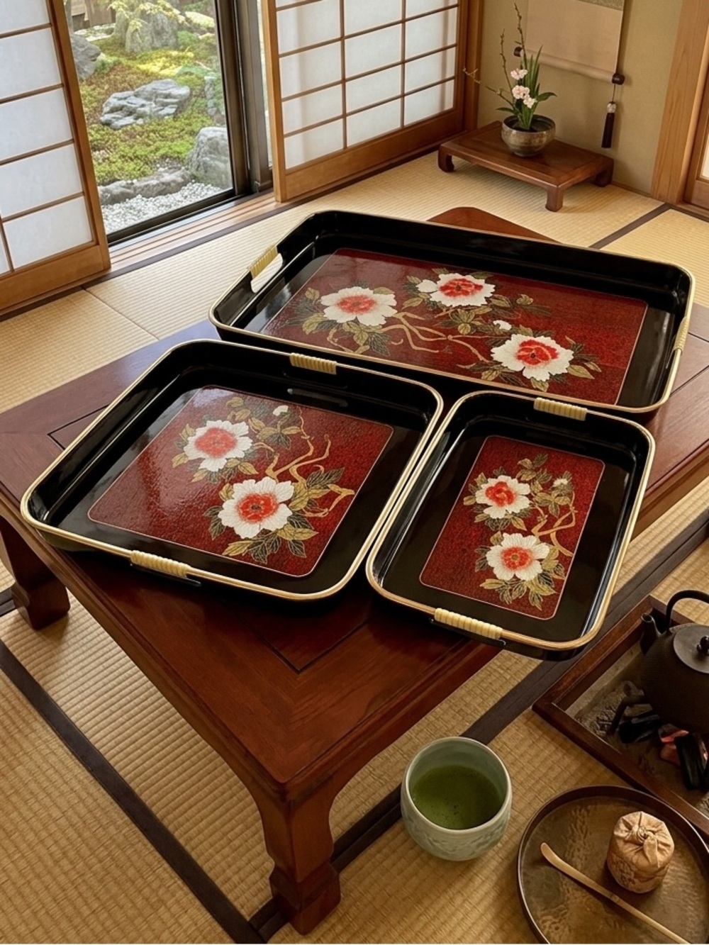 Vintage Toyo Japan Lacquered Black Lacquerware Nesting Trays Set Mid Century